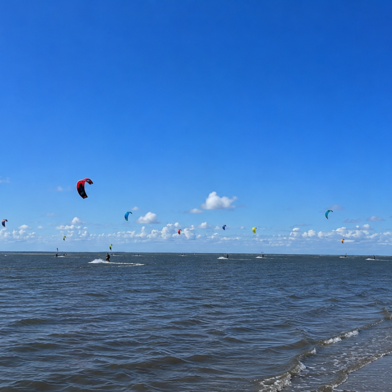 surfer Kiteboarder mit bunten Kites über dem ruhigen Wasser unter blauem Himmel.