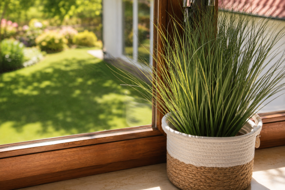 Nordisch natürlich Topfpflanze vor einem Fenster mit Blick auf einen sonnigen Garten.